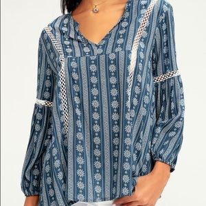 BELLA VISTA DENIM BLUE PRINT EMBROIDERED Top
